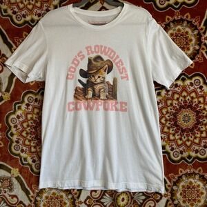 Kaeraz Gods Rowdiest Cowpoke Graphic T-Shirt White Cowboy Kitten Tee Large